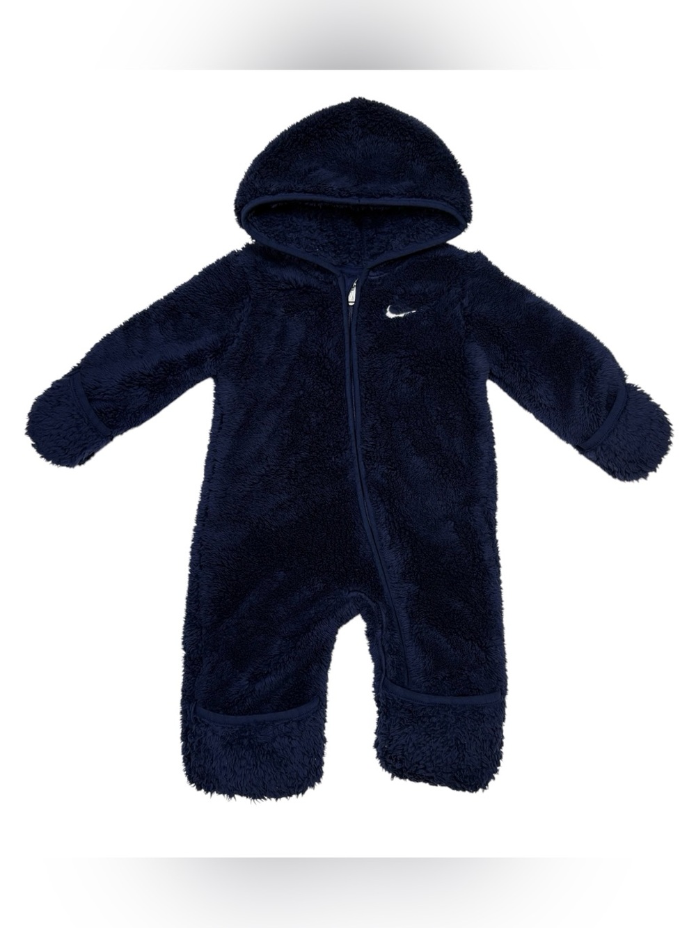 Nike Baby Sherpa Fleece Hooded Footed Coverall Navy Pram Suit Size 6m Unisex
